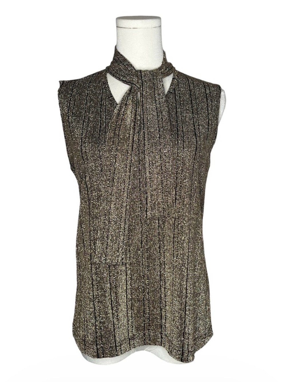 Vintage Vue Point Black Gold Metallic Stripe Sleeveless Neck Tie Scarf Top